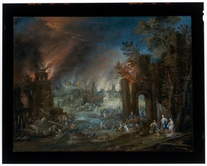 Landschap met Lot en zijn dochters en de brandende Sodom op de achtergrond door Johannes Jakob Hartmann