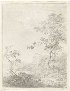 Bergachtig landschap met herder en vee op pad