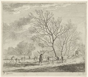 Winterlandschap met koeien en schaatsers