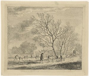 Winterlandschap met koeien en schaatsers