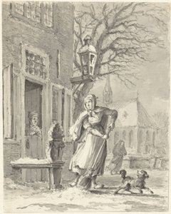 Een dienstmeid ruimt sneeuw voor een huis door Johannes Jelgerhuis