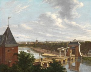 De Amsterdamse Buitengracht bij de Leidsepoort gezien vanaf het theater De Buitengracht van Amsterdam, met de Leidse Poort, gezien vanaf de Stadsschouwburg