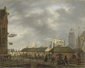 De kleine vismarkt op de hoek van de Brouwersgracht en Singel, Amsterdam door Johannes Jelgerhuis