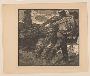 Arbeiders met touwen op oever door Johannes Josephus Aarts