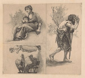 Drie voorstellingen met menselijke figuren door Johannes Josephus Aarts