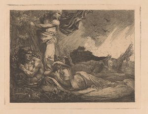 Landschap met korenveld, maaiers, sater en vrouwenfiguren door Johannes Josephus Aarts