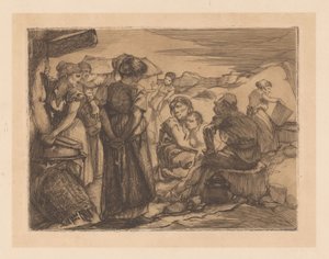 Man, vrouwen en kind in heuvelachtig landschap door Johannes Josephus Aarts