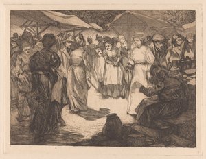 Marktscène met mannen en vrouwen