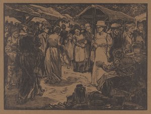 Marktscène met mannen en vrouwen door Johannes Josephus Aarts