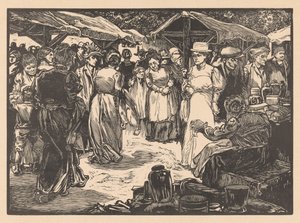 Marktscène met mannen en vrouwen
