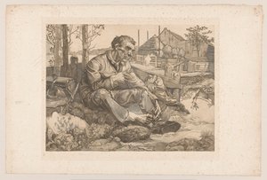 Rustende man bij boerderij