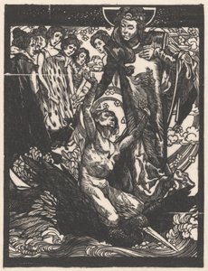 Vrouwenfiguren met man op rug van vogel door Johannes Josephus Aarts