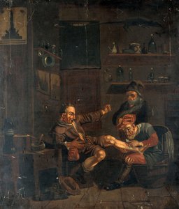 Een chirurg die de voet van een man behandelt. Olieverfschilderij naar een compositie die wordt toegeschreven aan Johannes Lingelbach. door Johannes Lingelbach