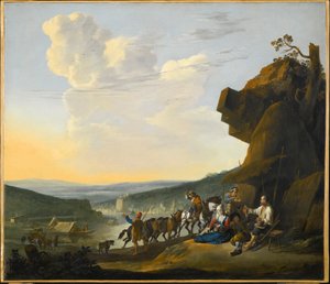 Duits: Südliche Landschaft mit Fähre Zuidelijk landschap met uitzicht op een baai, met rustende reizigers door Johannes Lingelbach