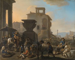 Italiaanse markt met een kwakzalver tandarts door Johannes Lingelbach