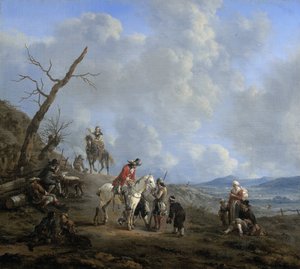 Landschap met ruiters, jagers en boeren