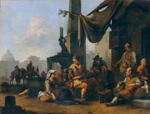 Italiaanse boeren drinken voor de deur van een Romeins hotel ... door Johannes Lingelbach