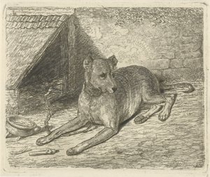 Hond aan een ketting bij een hondenhok door Johannes Mock