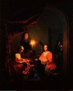 Een familie in een met kaarsen verlichte interieur door Johannes Rosiere