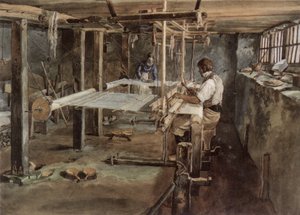 Appenzeller weverspaar aan het werk aan het handweefgetouw, circa 1830 door Johannes Schiess