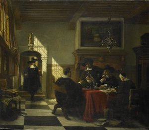 Gezelschap in 17e-eeuwse dracht bij een tafel waarop een Nautilusbeker door Johannes Stroebel