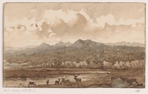 Berglandschap met herten door Johannes Tavenraat (signed by artist)