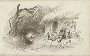 Man zittend voor een huis met een rieten dak bij een greppel door Johannes Tavenraat