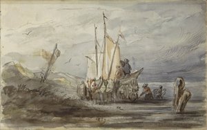 Paard en wagen aan een oever bij een zeilschip door Johannes Tavenraat