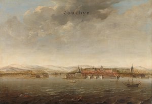 Gezicht op Cochin aan de kust van Malabar in India door Johannes Vinckboons (attributed to)