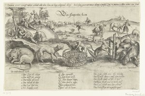 De slapende leeuw, 1567 (Vier allegorieën op de gebeurtenissen tussen 1576-1579 in de Nederlanden) door Johannes Wierix (attributed to)