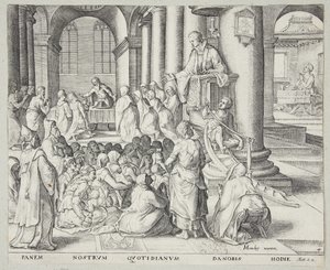 De preek in de kerk door Johannes Wierix