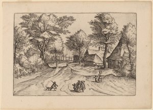 Dorpstraat met boerderij en schuren door Johannes and Lucas van Doetechum after Master of the Small Landscapes
