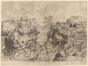 Prospectus Tyburtinus (Uitzicht op de Tiber) door Johannes and Lucas van Doetechum after Pieter Bruegel the Elder