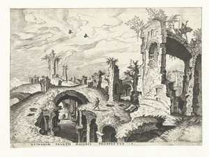 Gezicht op ruïnes op de Palatijn in Rome door Johannes of Lucas van Doetechum (attributed to)