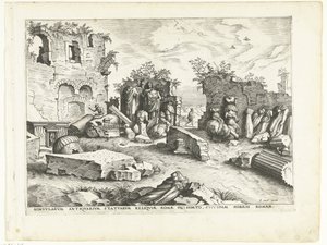 Tuin met brokstukken van antieke beelden door Johannes of Lucas van Doetechum (attributed to)