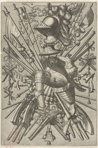 Vlakdecoratie, bestaande uit een wapentrofee door Johannes of Lucas van Doetechum