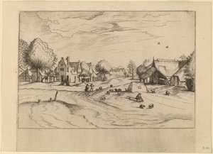 Dorp met schapen en zittende herder