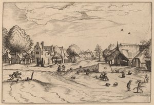 Dorp met Schapen en Zittende Herder
