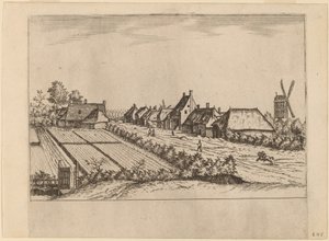 Velden en een Dorpsweg met Postmolen door Johannes van Doetechum, the Elder and Lucas