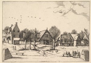 Dorp, boogschutters op de voorgrond uit Multifariarum casularum ruriumque linea, 1559-61 door Johannes van Doetecum I