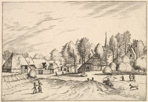 Dorp met kerktoren uit Multifariarum casularum ruriumque lineamenta cur..., 1559-61 door Johannes van Doetecum I
