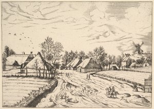 Dorp met postmolen uit Multifariarum casularum ruriumque lineamenta curios door Johannes van Doetecum I