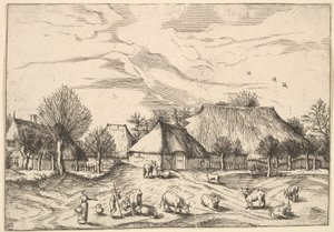 Boerderijen, vee met herders en melkmeisjes op de voorgrond uit Multifariarum casularu door Johannes van Doetecum I