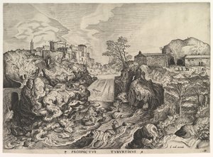 Uitzicht op de Tiber Tivoli Prospectus Tyburtinus uit De Grote Landschappen, ca. 1555-56 door Johannes van Doetecum I