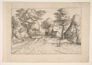 Dorpstraat met een Boerderij en Schuren, uit de serie, De Kleine Landschappen Multifariaru door Johannes van Doetecum I