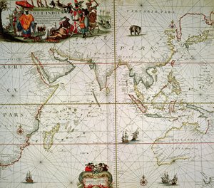 Kaart van Afrika, India, Indische Oceaan en Oost-Indië door Johannes van Keulen