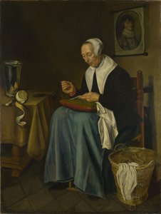 Een oude vrouw zittend aan het naaien, 1655 door Johannes van der Aeck