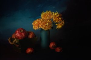 Granaatappels en gouden chrysanten