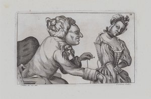 Man naait meisje in korset (gravure) door John  Collier
