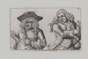 Twee pruikdragende mannen parodiëren de Magna Carta (gravure)